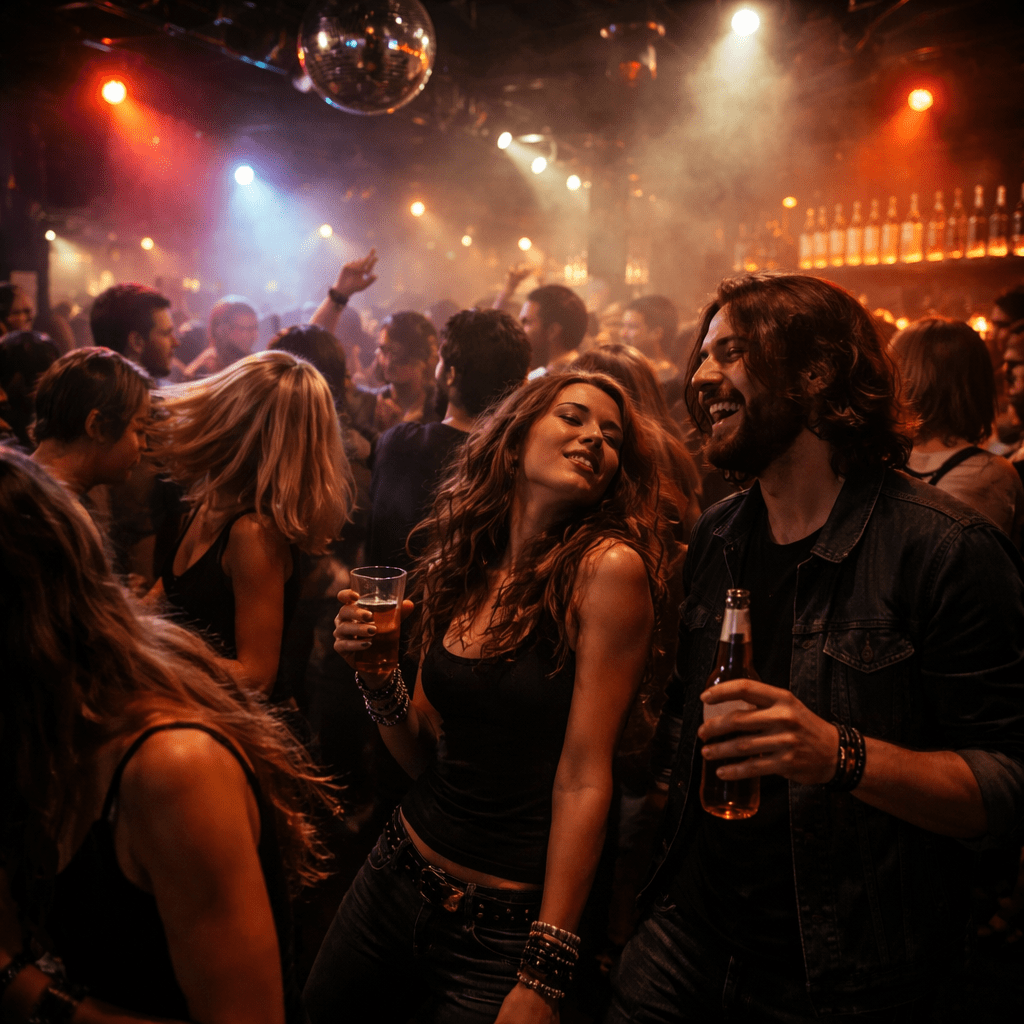 Ein Pärchen tanzt ausgelassen zu rockiger Musik vom DJ in einer Rock Disco.