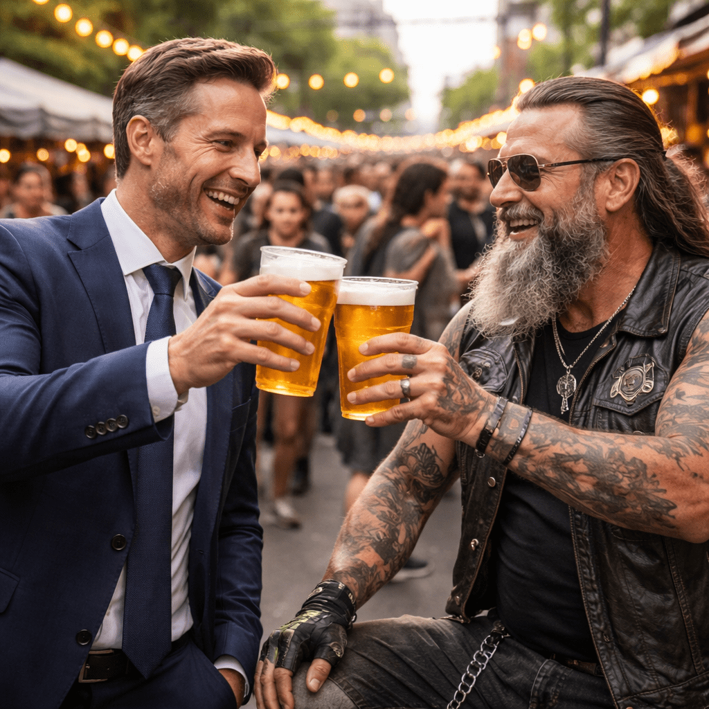 Ein Motorradfahrer und ein Geschäftsmann trinken auf einem Stadtfest ein Bier zusammen.